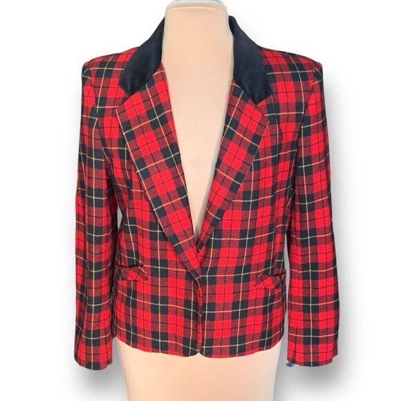 Vintage Petite Blazer Jacket Tailored Red Black Tartan Plaid Velvet Preppy 12 - Picture 9 of 9
